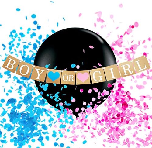 Giant Gender Reveal Confetti Balloon Kit, 36" - BONUS BANNER - Blue &amp; Pink Confetti, Boy or Girl Craft Banner, Perfect way to reveal baby gender - By Stralta