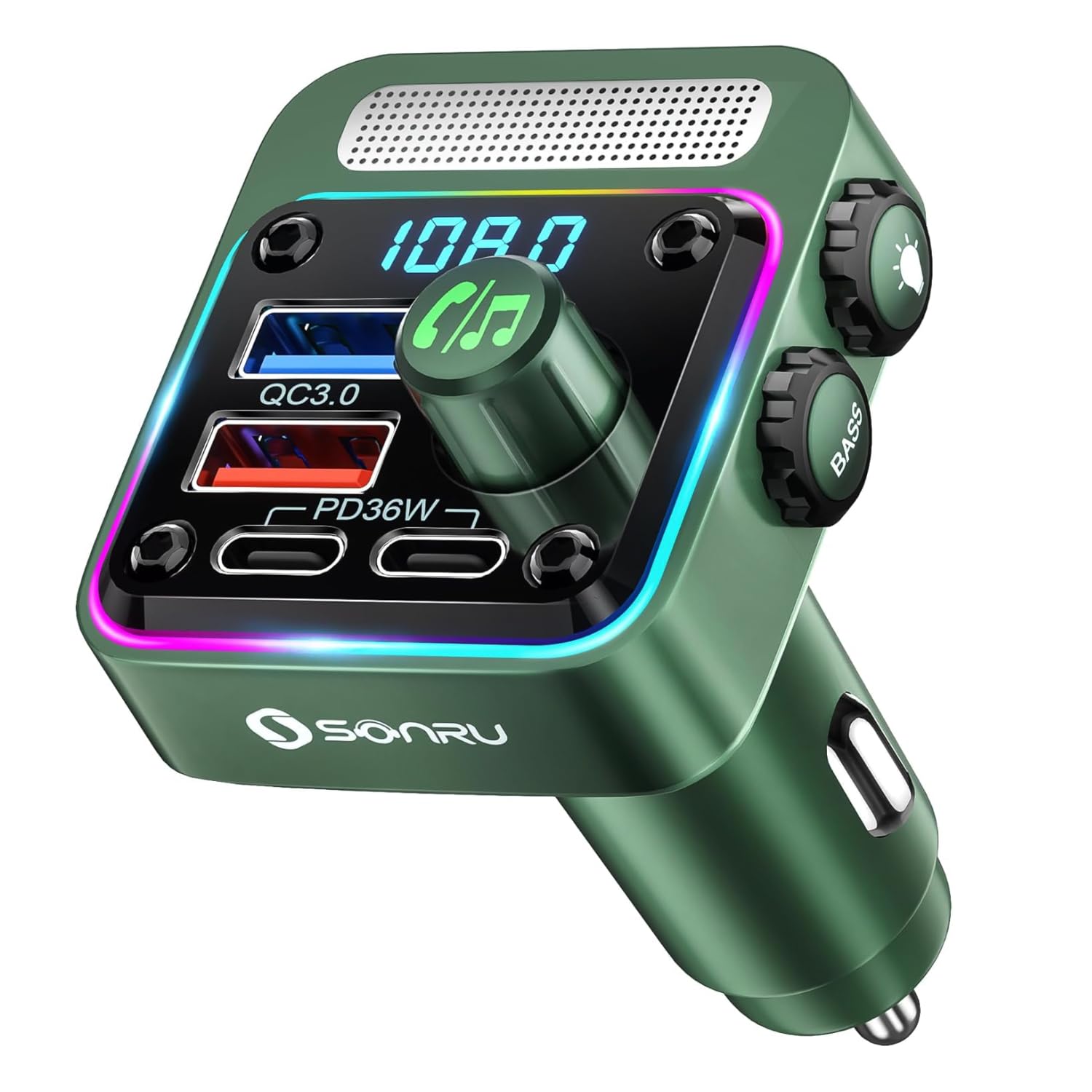 SONRU Bluetooth 5.3 Car FM Transmitter【PD 36W+QC3.0 18W】【Bass Music Player】Wireless Car Radio Adapter Hands-Free Calling Support 64G U Disk Card with 5 Colors LED Backlit Switch