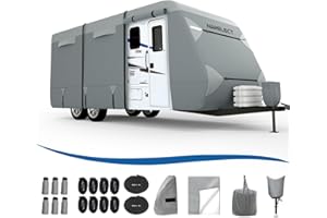 Narelect RV Travel Trailer Cover Fits 30'-33' Camper Cover Heavy Duty 7 Layers Windproof RV Cover Toy Hauler Cover Anti-Dust Protection Anti-UV Block RV Accessories with Tongue Jack Cover Gutter Cover