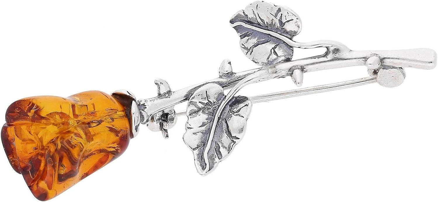 Single Rose Oxidised Silver Brooch Pin/Clip in Orange Amber in Vintage Style for Women - 925 Sterling Silver