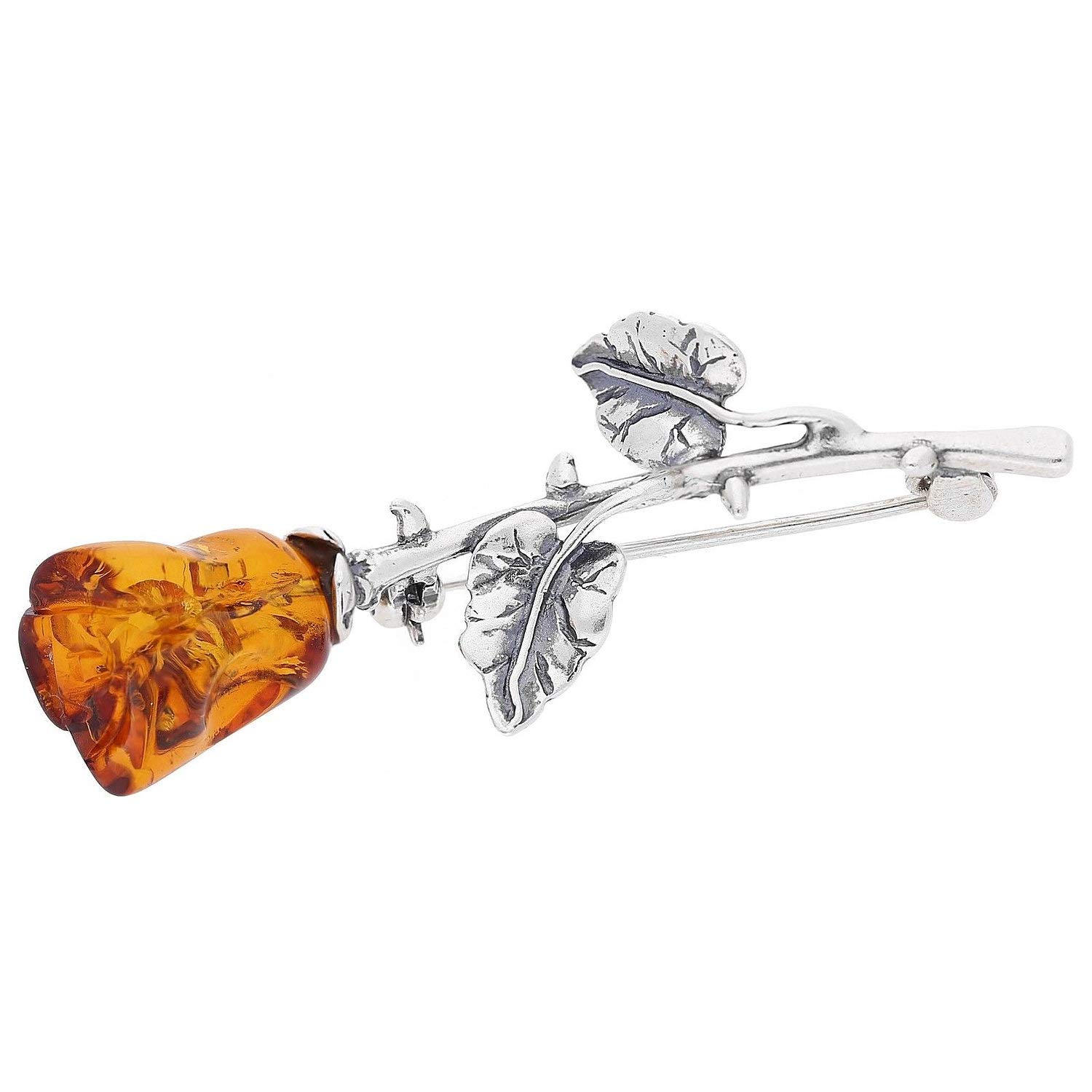 Single Rose Oxidised Silver Brooch Pin/Clip in Orange Amber in Vintage Style for Women - 925 Sterling Silver