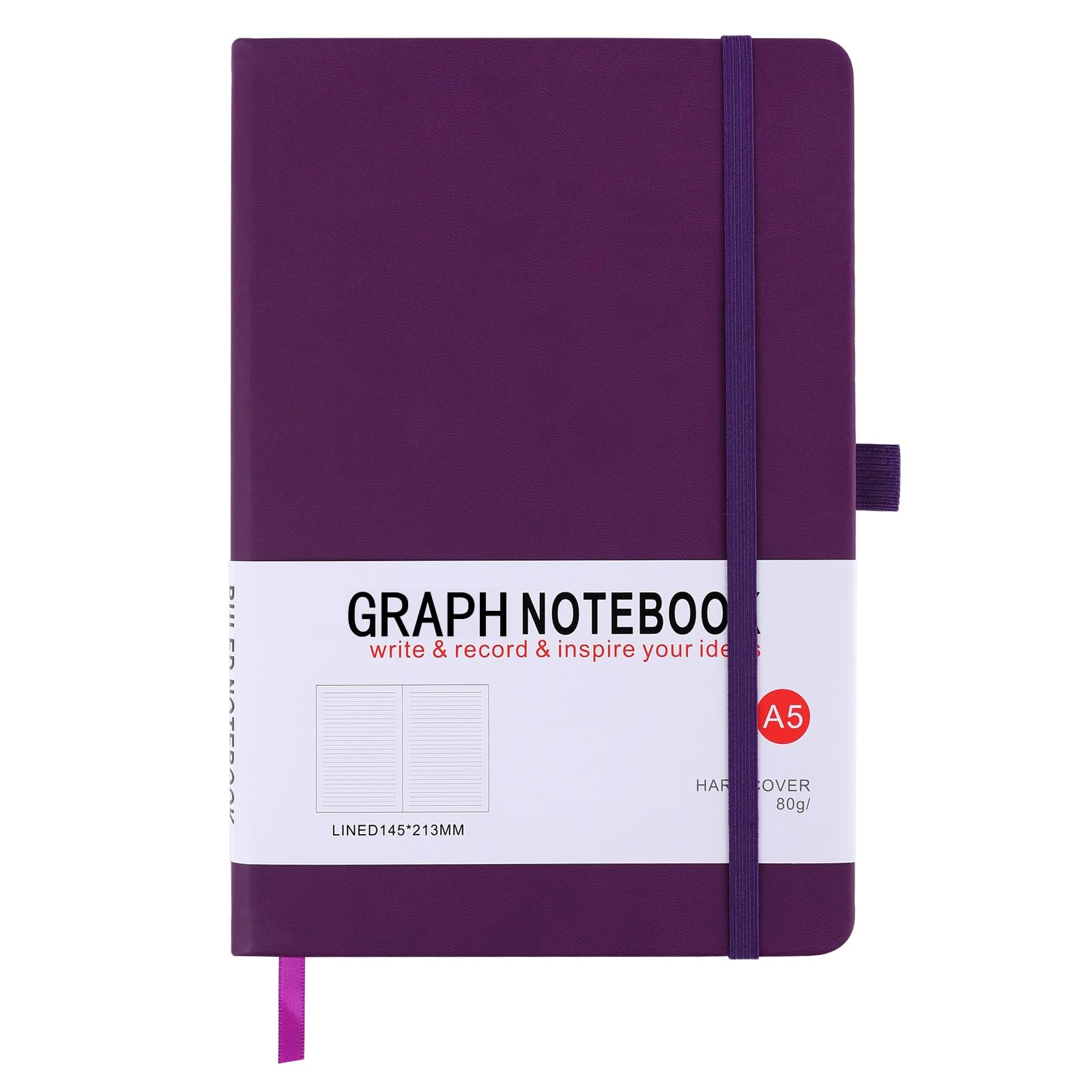 A5 Graph Paper Notebook, Squared Notebook 200 Pages A5 Hardback Notebook with Pen Loop, and Inner Pocket, for Office School Home Business Writing & Note Taking (Purple) — image 1