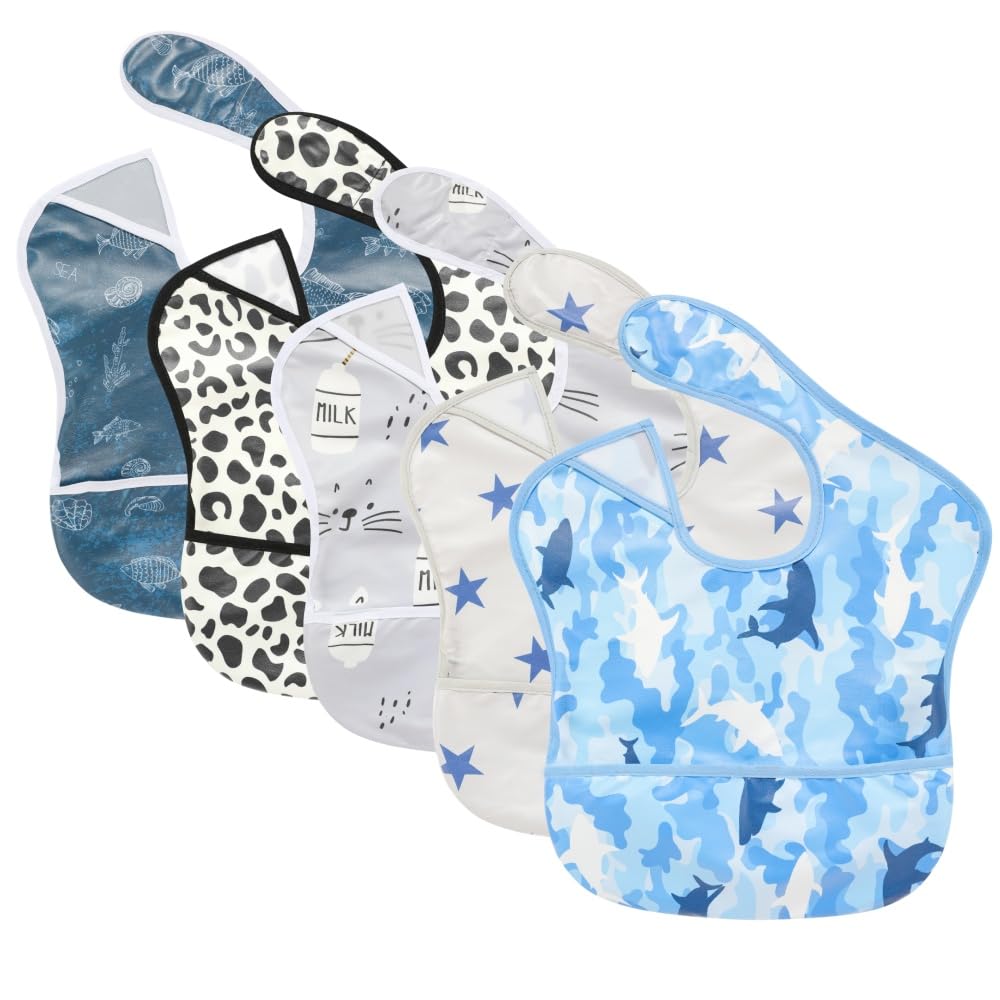 TSD Baby Bibs Waterproof Feeding Bibs 5pack Adjustable Mealtime Poctet Bib for Newborn Toddler Infant Easy Clean Boy Girl Baby Essentials Shower Gift