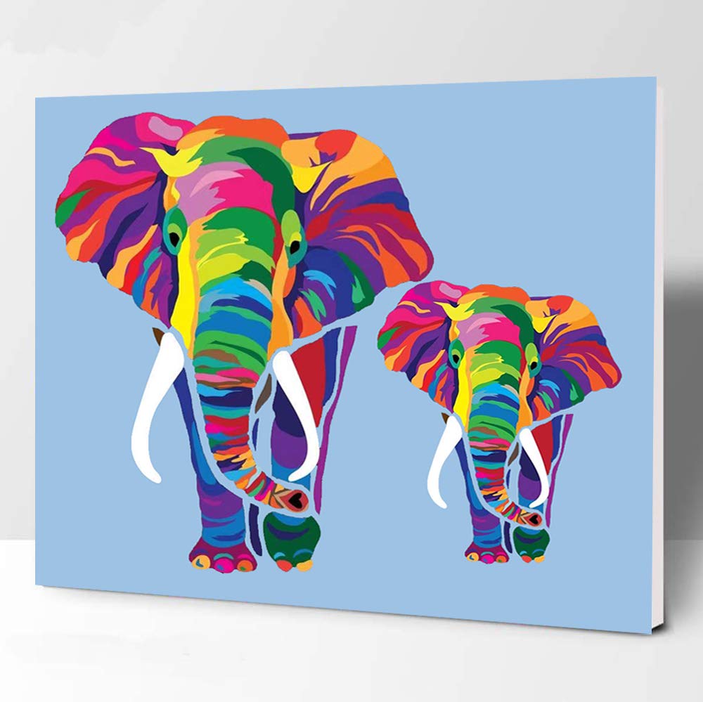 Elftoyer Paint by Numbers for Kids & Adults & Beginner, DIY Canvas Painting Gift Kits for Home Decoration - Colorful Elephants 12 x 16 inch (Wooden Frame)