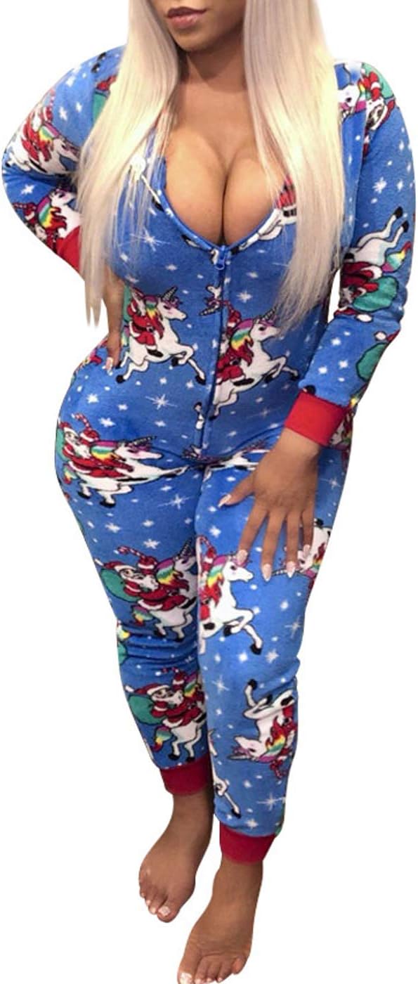 One Piece Onsie Sleepwear for Women,Sexy Printed Christmas Pajamas Jumpsuit Rompers Clubwear