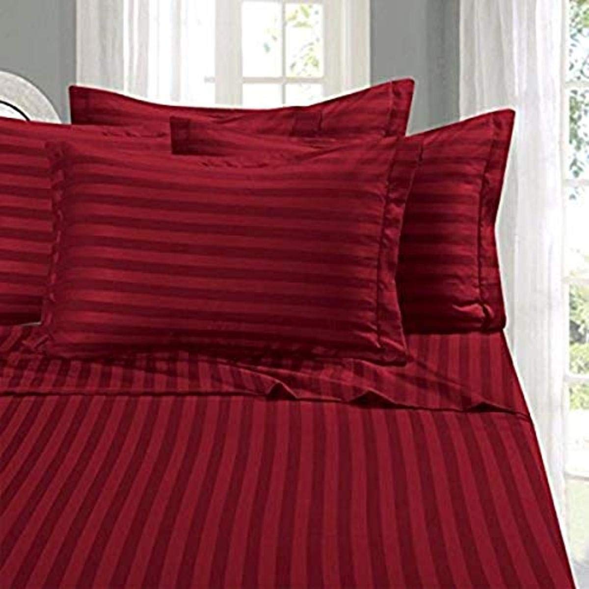 Elegant Comfort Wrinkle & Fade Resistant 1500 Premier - Damask Stripes Hotel Quality Luxurious Silky Soft 4pc Sheet Set, Up to 16" Deep Pocket, King, Burgundy