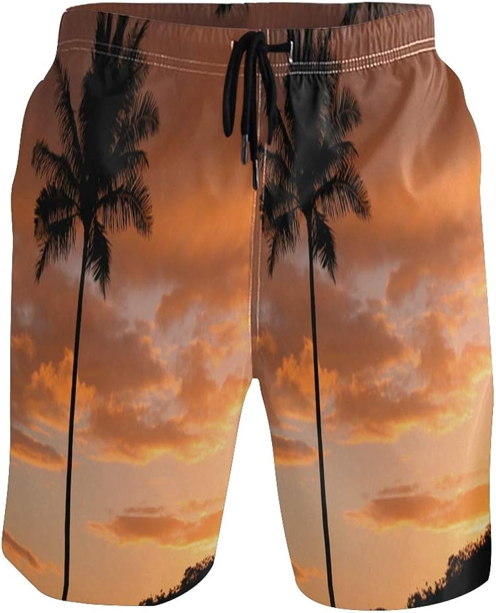 Men's Swim Trunks, Palm Tree at Sunrise Bathing Suits for Men，Beach Board Shorts