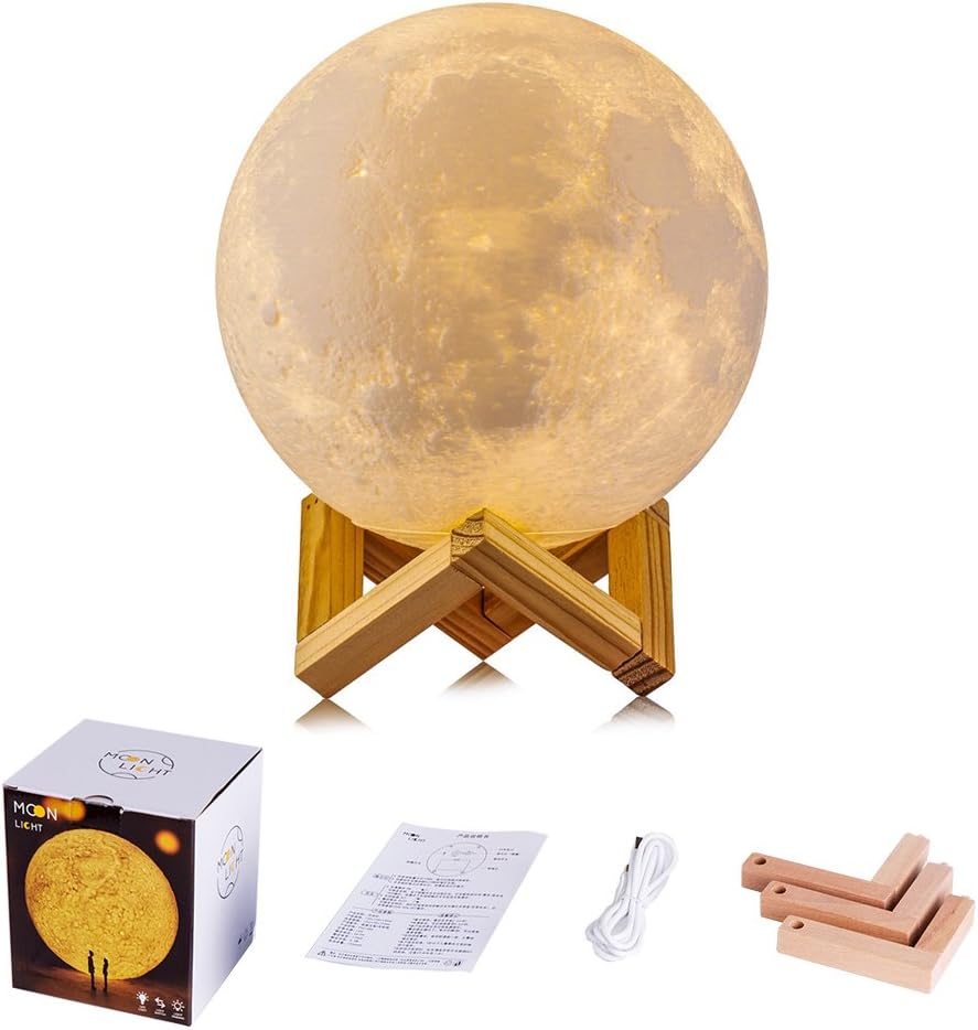 PACOOL Night Light 3D Moon Lamp Touch Control Brightness Two Tone, Micro USB Recharge Light PLDM Anti-Crushing Desk Decor Lunar Diameter 5.12 inch