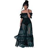 Women Sexy Lace Off Shoulder Mesh See Through Long Pleated Maxi Dress Club Party Gown