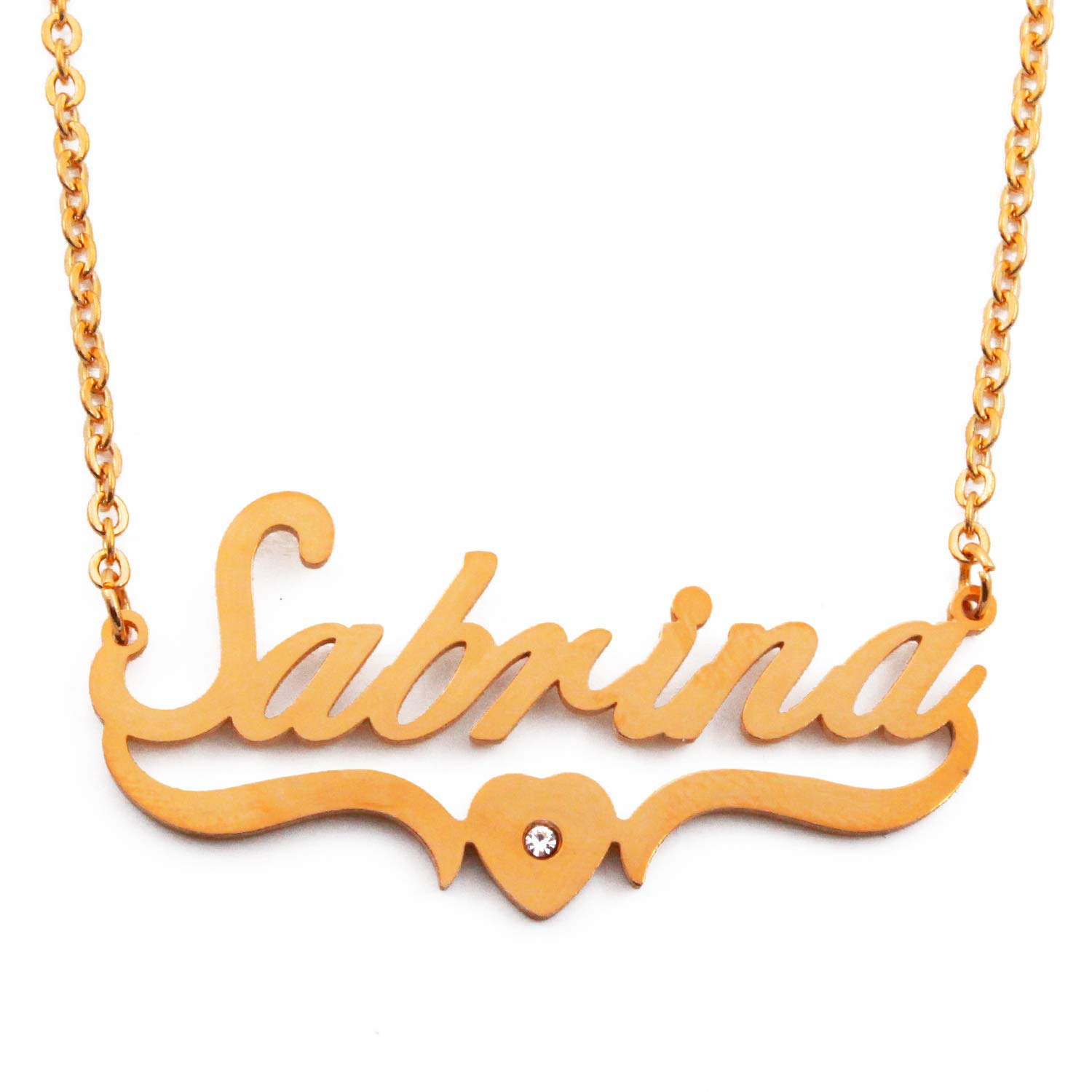 Kigu Sabrina Name Necklace Heart Shaped Personalised Gold Plated, Custom Dainty Name Pendants, Jewellery for Ladies, Girlfriend, Mother, Sister, Friends Inc Bag & Box