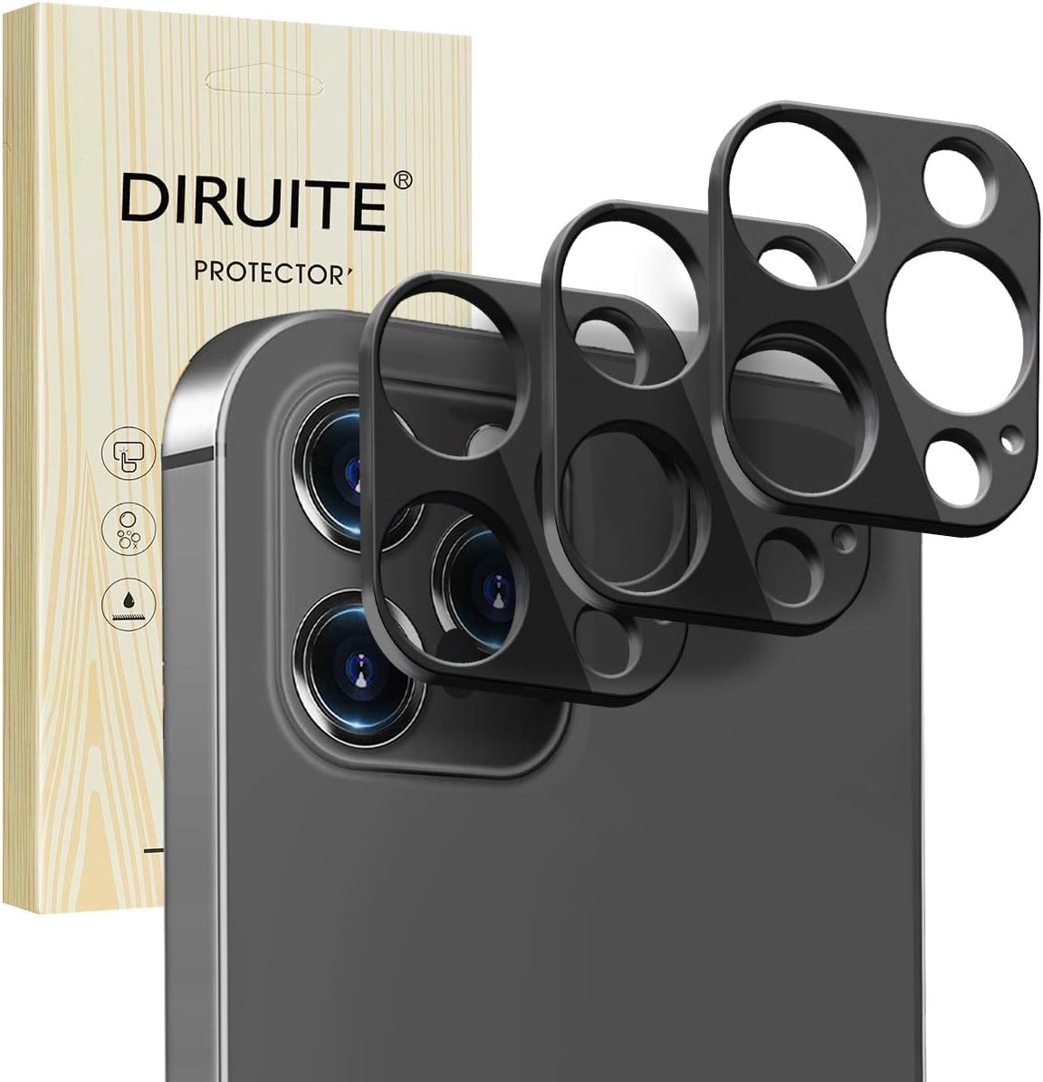 Diruite 3-Pack for iphone 12 Pro Max Camera Lens Protector Metall Lens Protective Cover(6.7-inch)-Black
