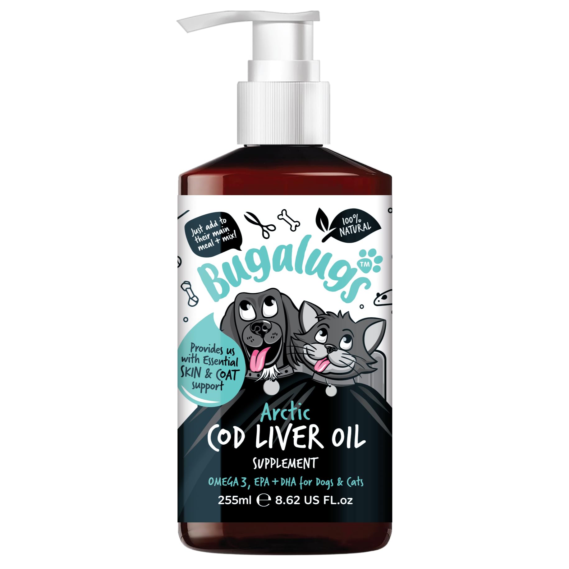 Bugalugs Cod liver Oil for Dogs & Cats, EPA & DHA, Fish Oil for Dogs Skin & Coat dog supplements health supplies for dogs more omega 3 for dogs than salmon oil for dogs uk (255ml, Cod Liver Oil)