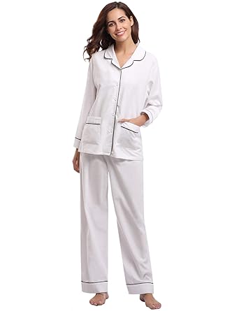 Aibrou Damen Schlafanzug Pyjama Lang Gestreift 100% Baumwolle Winter Warm Nachtwäsche Sleepwear mit Knöpfeleiste