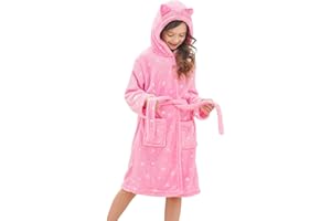Doctor Unicorn Girls Leopard Cat Robe Kids Fleece Warm Hooded Bathrobe