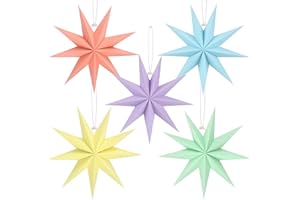 BestoFun 12 Inches 5 PCS Paper Star Lanterns Hanging Pastel Stars Christmas Party Decorations Pastel Lampshade Christmas Home Party Decorations(9 Pointed)