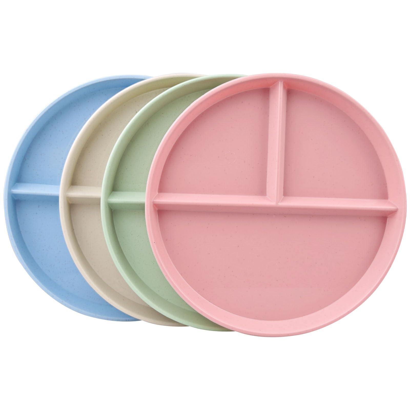 sukevitor Pack of 4 Divided Plates, Reusable Compartment Plates Three Divided Round Plate Portion Control Plate for Adult and Older