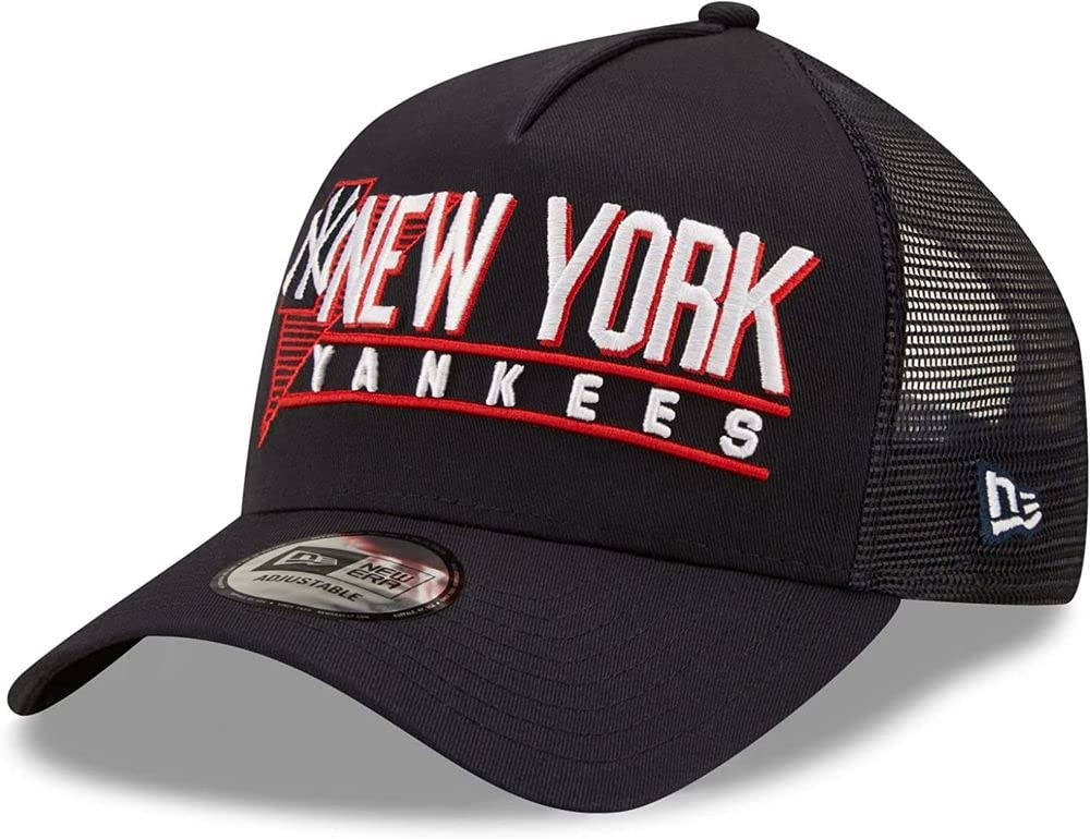 New Era 9Forty New York Yankees MLB Wordmark Graphic Navy A-Frame Trucker Cap