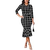 ZonJie Women Work Business Plaid Dress Casual Button Long Sleeve MIdi Dress Classy Bodycon Wedding Guest Dresses