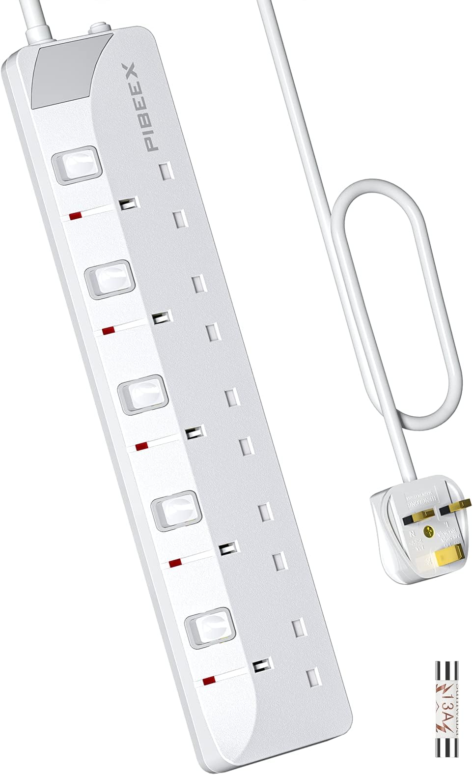 PIBEEX 5 Way Extension Lead 1.5M UK Plug 13A Fused Individual Switches
