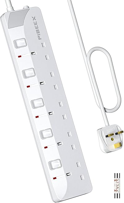 PIBEEX 5 Way Extension Lead 1.5M UK Plug 13A Fused Individual Switches