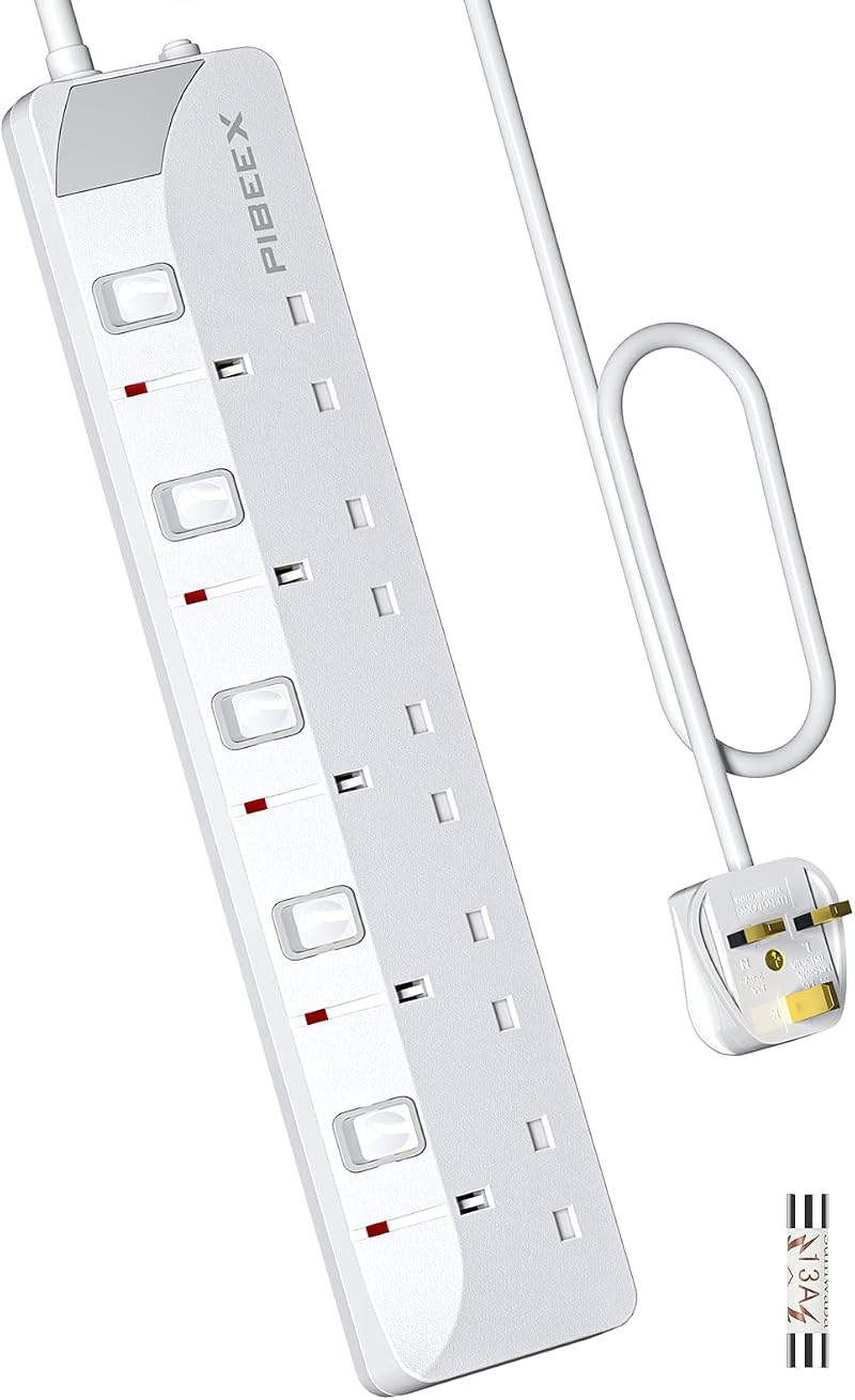 PIBEEX 5 Way Extension Lead 1.5M UK Plug 13A Fused Individual Switches