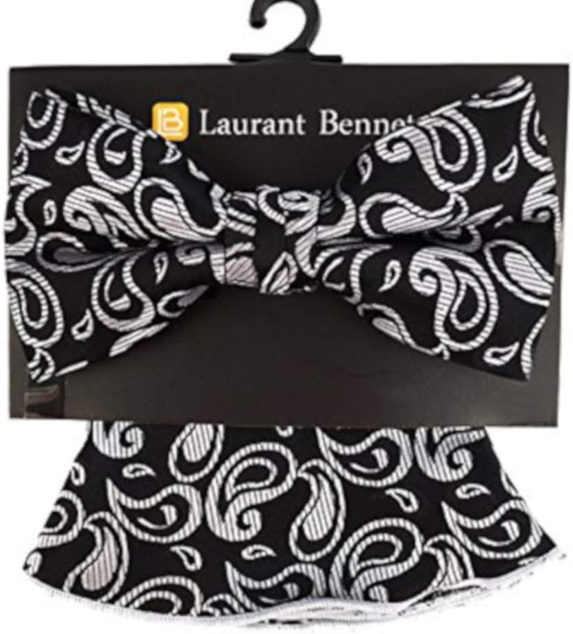 Men's Paisley Floral Pre Tied Bow Tie & Round Pocket Square Hankie Gift Set (Black & Silver)