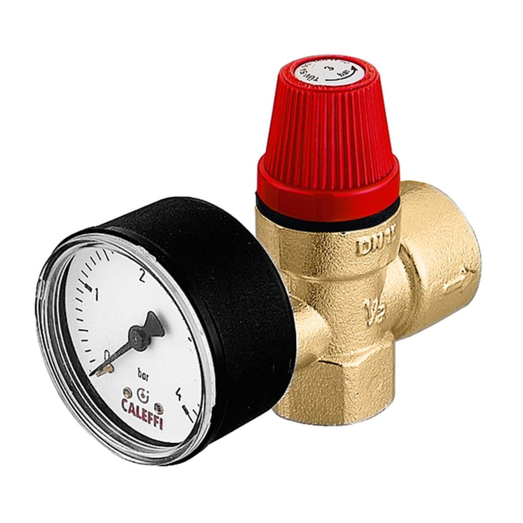 Caleffi Safety Valve 1/2 Inch F x 3/4 Inch F 3 Bar for Heating with Pressure Gauge 532143