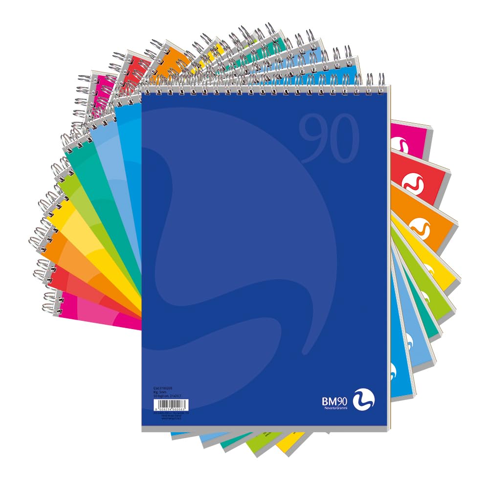 BM BeMore Spiral Block L/C Color 0107402, Spiral Block Short Side Format A4, Line 1R, Ruled Without Margins, Paper 90 g/m², Pack of 5, Assorted Colours