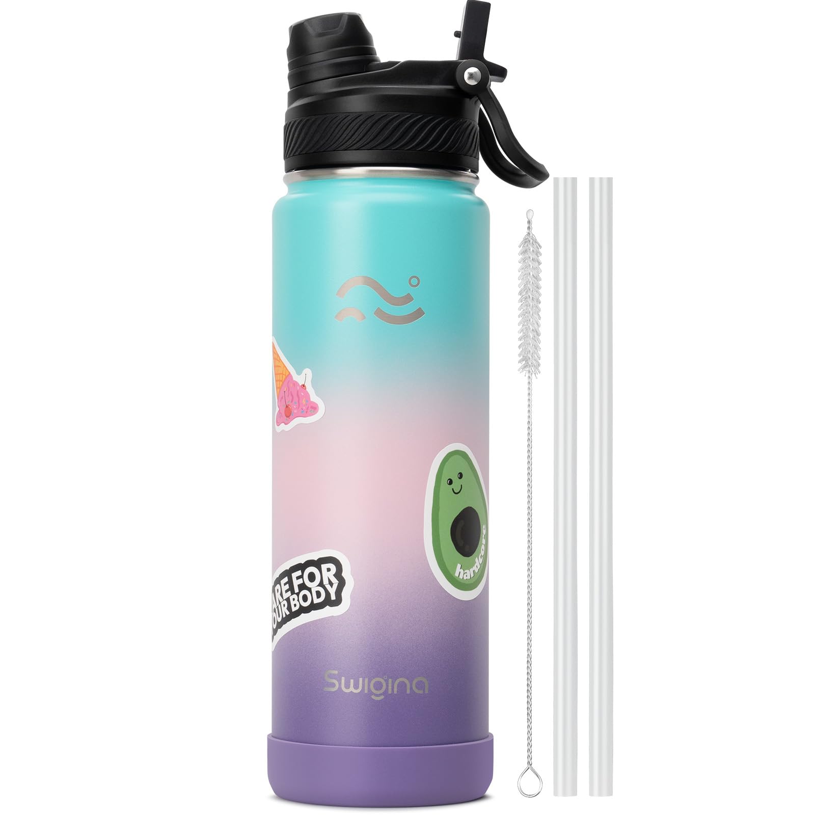Photo 1 of Swigina [2-IN-1 LID] Insulated Water Bottle with Silicone Boot (36hrs Cold/18hrs Hot) - DIY Stickers, Leakproof, BPA Free, 24 oz