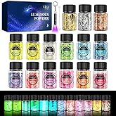 OSBANG Glow in The Dark Glitter 15 Jar - 12 Colors Glow Glitter and 3 Colors Gold Foil Flakes, High Luminous Glitter for Resin Crafts, Cosmetic, Nail, Glowing Dye for DIY