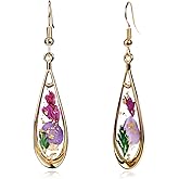 Aliyoham Gold Flower Dangle Drop Earrings for Women, Hypoallergenic Lightweight 18K Gold Plated Earrings, Tear Drop Gold Foil & Dried Flower Summer Earrings Jewelry for Women