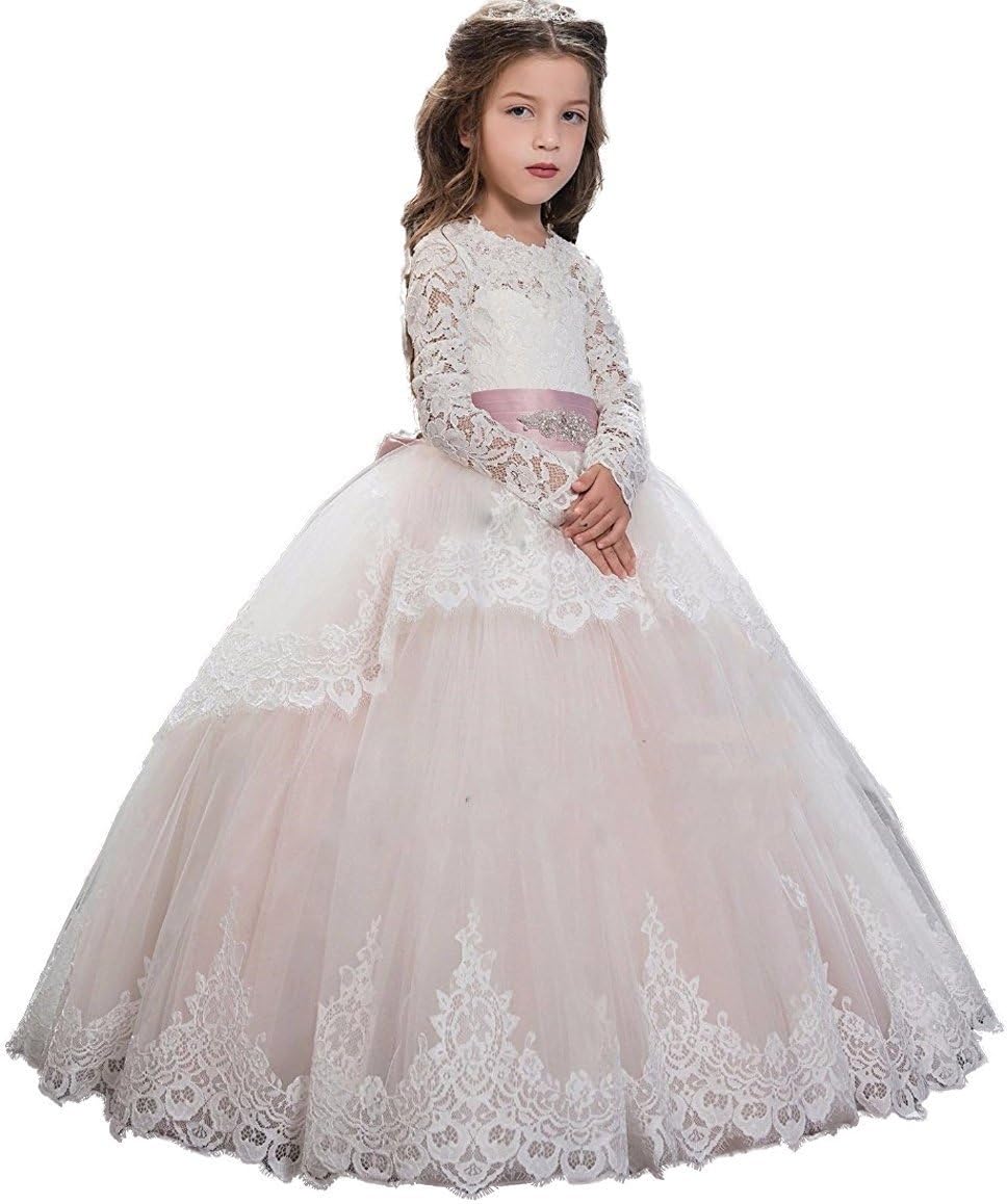 GZY Long Sleeves Lace Flower Girl Dress Tulle Vintage Pageant Birthday Gown GZY025