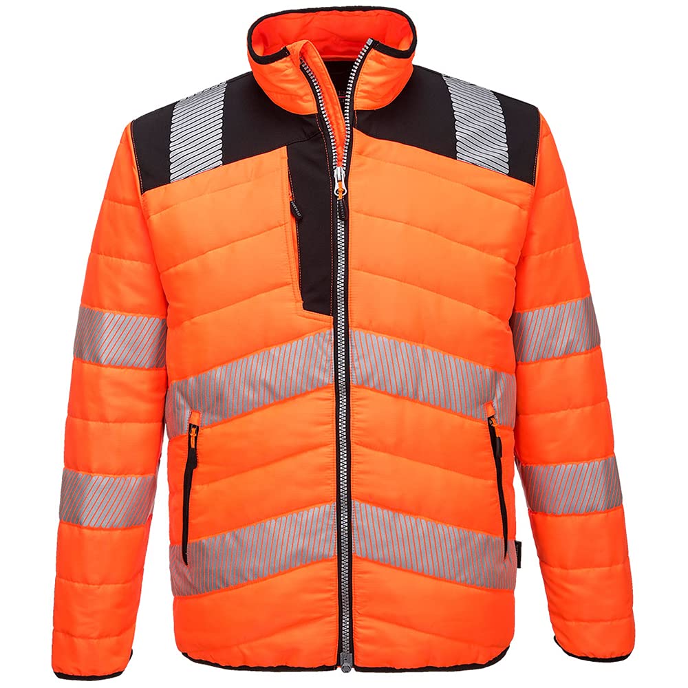 Portwest PW371 PW3 Men's Hi-Vis Insulated Baffle Puffer Jacket - Water Resistant Lightweight Reflective High Viz Outdoor Waistcoat Safety Security Workwear, Orange/Black, M