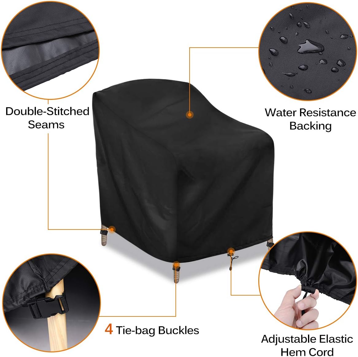 CAVEEN Patio Chair Covers, Outdoor Stackable-Chair Patio Furniture Cover, Waterproof Deep Seat Lounge Chair Cover, High Back 600D Oxford Patio Chair Cover Black Large (2 Pack): Furniture & Decor