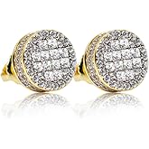 Men's Round Two Tone 14K Gold Plated 925 Sterling Silver Screw Back Post Iced 5A Cz Cluster Square Princess Cut Setting Hip Hop Gauges Circle Shape Stud Earrings