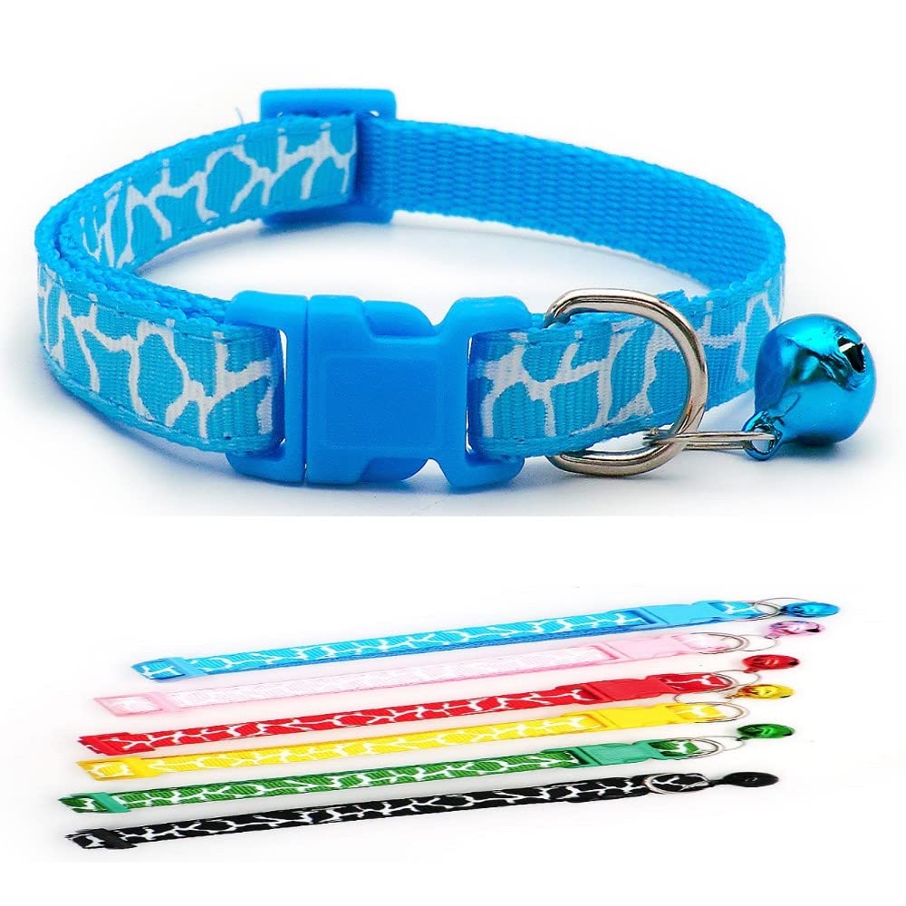 Small Dog Puppy Pet Collar Zebra Giraffe Animal Print Design with Bell Nylon Adjustable Size 19-32cm Blue
