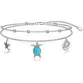 BETHZA Sea Turtle Anklet 925 Sterling Silver Genuine Turquoise Gemstone Adjustable Layered Turtle Foot Bracelet Anklet Sea Life Jewelry for Women