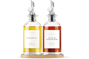 GIXSEGIE 350ml Glass Olive Oil Dispenser Set with Bamboo Tray and Metal Pour Spout