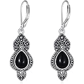 925 Sterling Silver Vintage Black Onyx Dangle Drop Leverback Earrings Birthday Christmas Mothers Day Gift for Women