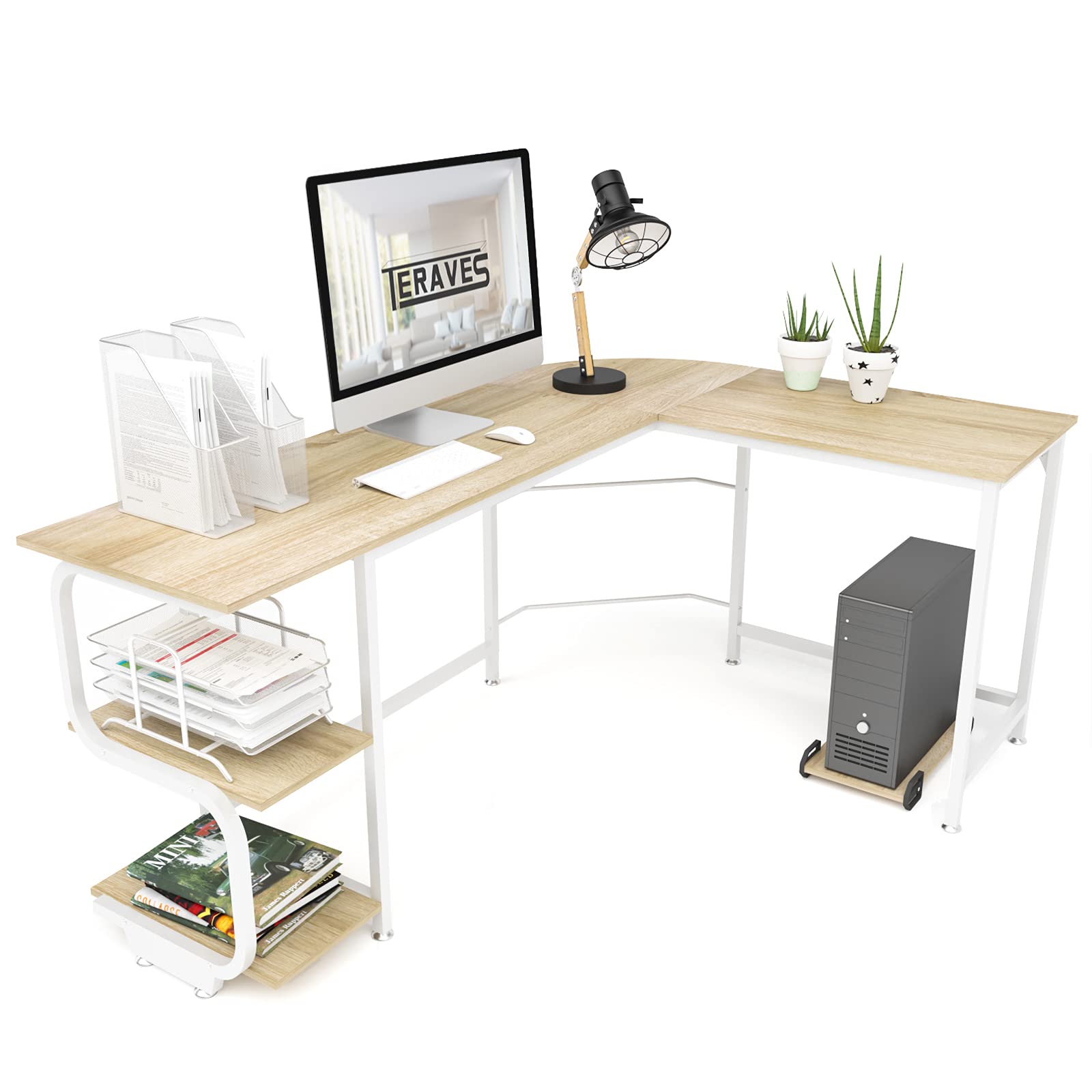 Teraves Reversible L Shaped Desk with Shelves Round Corner Computer Desk Gaming Table Workstation for Home Office