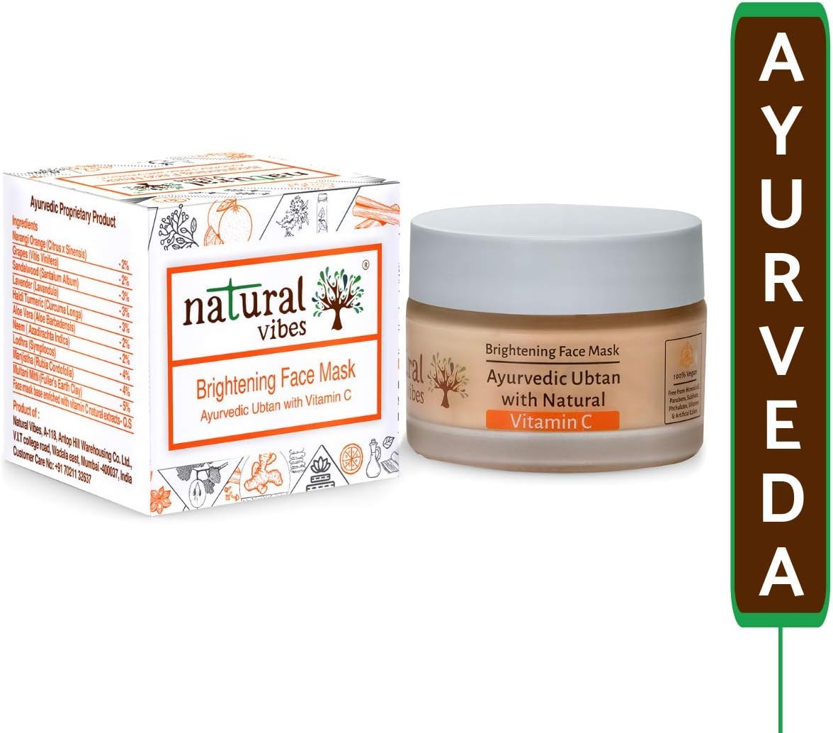 Natural Vibes ~ Vitamin C Brightening Face Pack | Brightens Skin | Lightens Pigmentation | Tan Removal | Removes Dirt & Tightens Skin | Ayurvedic & Vegan | 50 g | For Men & Women | All Skin Types