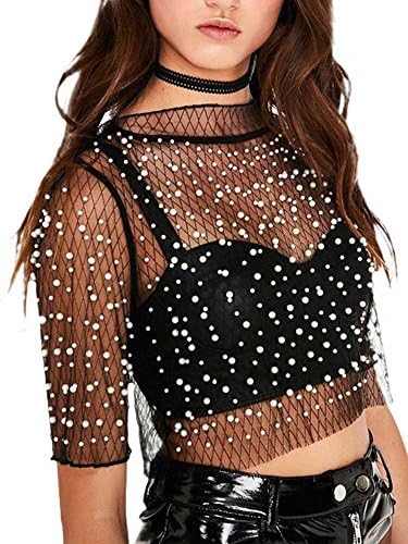 Nvxiyya Women's Sexy Round Neck Sheer See Through Mesh Beaded Lace Crop Top Blouse Black S