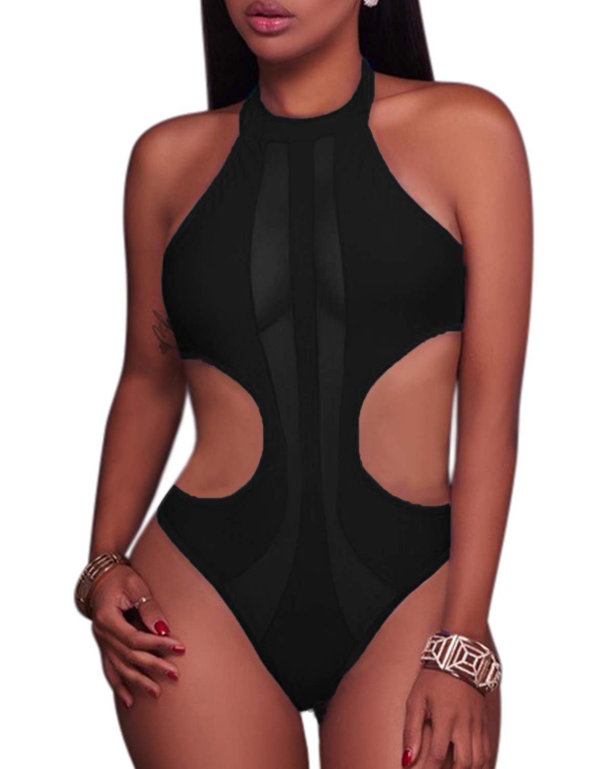 Women Sexy Halter High Neck One Piece Swimsuit High Leg Cut Out Monokini Mesh Panel Swimwear Black M