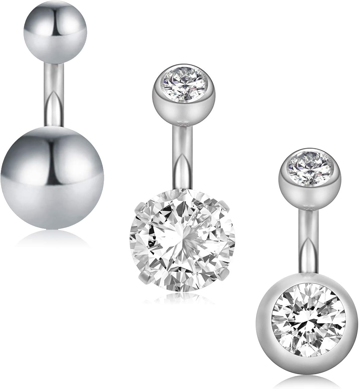 Funseedrr 3pcs Short Belly Button Ring Set Surgical Steel 14 Gauge 6mm Navel Ear Bars Piercing Jewellery, Silver, 1.6mm