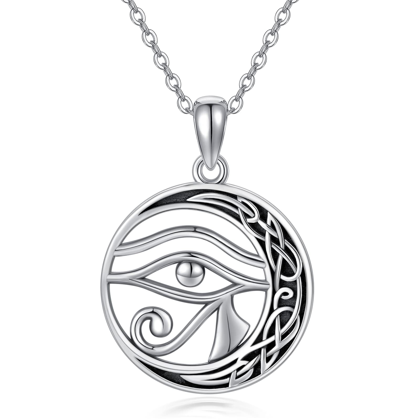 Midir&Etain Eye of Horus Necklace 925 Sterling Silver Moon Pendant Necklace Egyptian Eye of Horus Amulet Jewellery Gifts for Women Girls Men