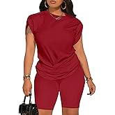 PINSV Women 2 Piece Outfits Summer Sweatsuits Biker Short Workout Jogger Sets