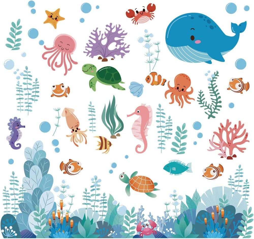 Tanlaby Under The Sea Wall Decal Ocean Fish Creatures Wall Stickers Dolphin Turtle Ocean Grass Wall Art Sticker for Kids Baby Nursery Bedroom Playroom Bathroom Wall Decor