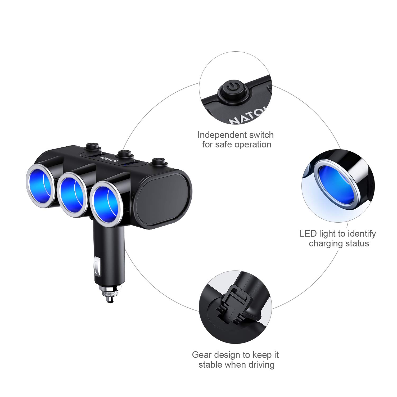NATOL Cigarette Lighter Adapter, 12V/24V 3-Socket Car Charger Cigarette Lighter Splitter with 2 Smart USB Ports for iPhone, iPad, Samsung, GPS, Dashcam