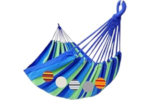 GOCAN Brazilian Double Hammock 2 Person Extra Large 220x160cm Total Length 330cm Load 500lb Canvas Cotton Hammock for Patio Porch Garden Backyard Lounging Outdoor and Indoor(Blue/Green) XXL
