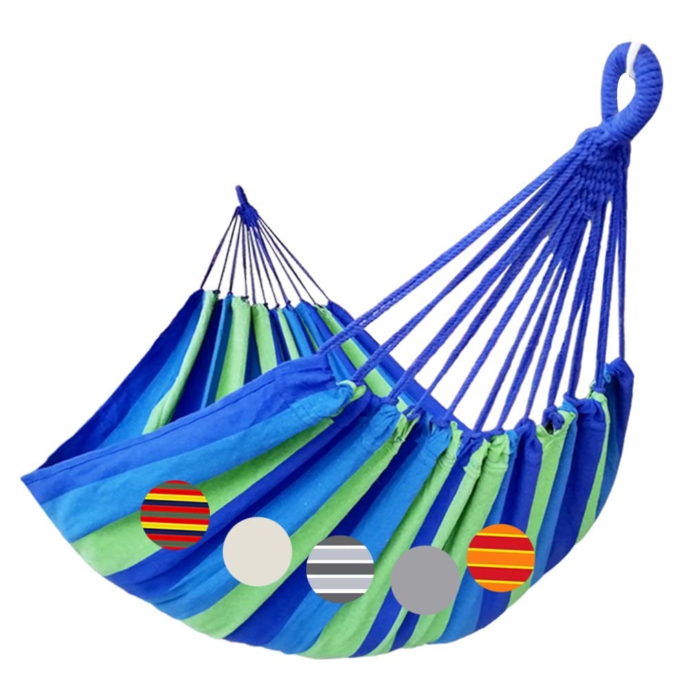 Photo 1 of GOCAN Brazilian Double Hammock 2 Person Extra Large 220x160cm Total Length 330cm Load 500lb Canvas Cotton Hammock for Patio Porch Garden Backyard Lounging Outdoor and Indoor(Blue/Green) XXL